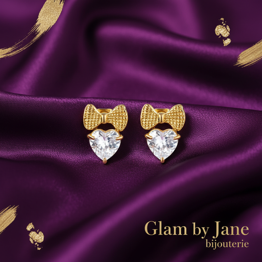 Boucles d'oreilles Nœud & Cœur Acier Doré