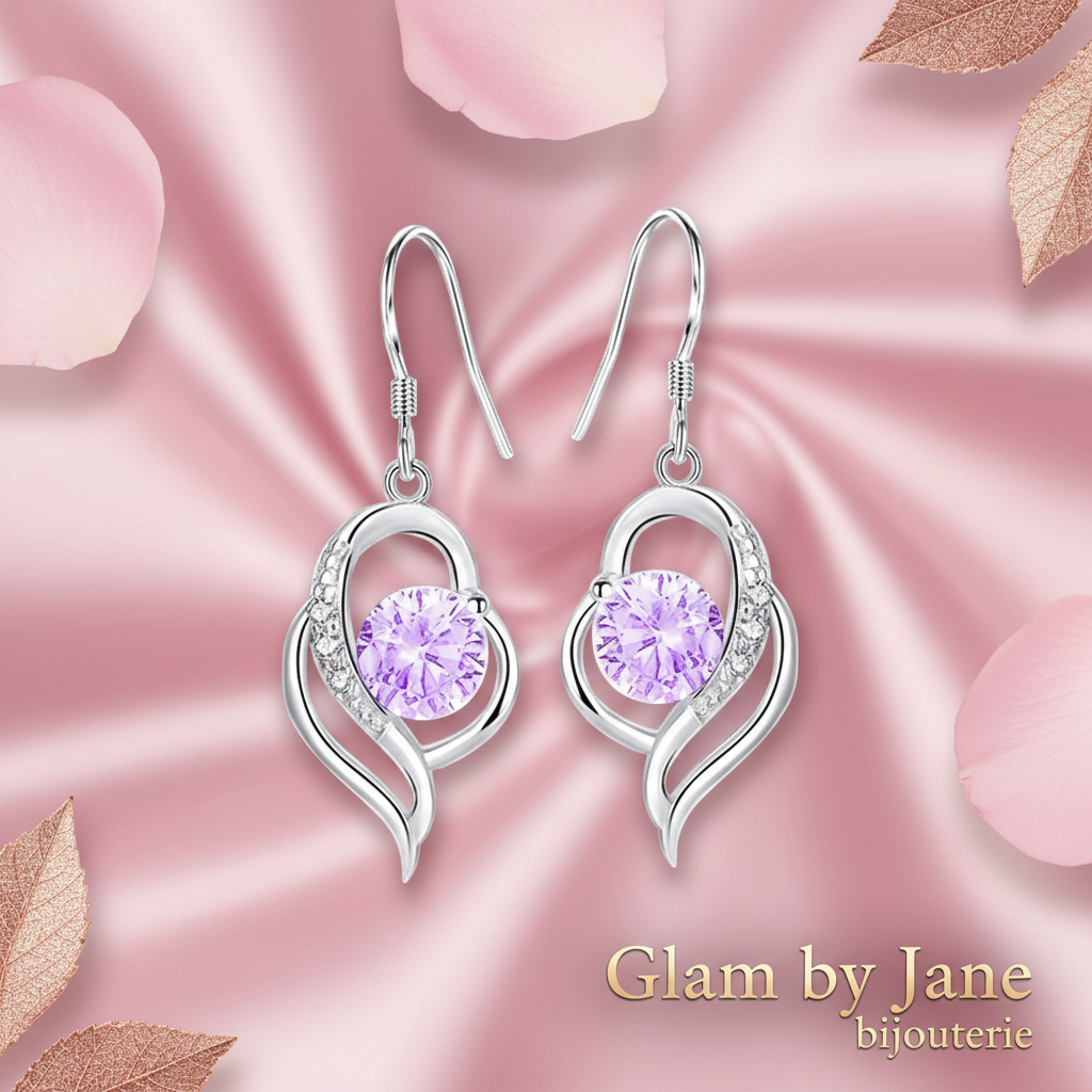 Boucles d'oreilles argent 925 cœur zirconiums sertis oxyde mauve Iris