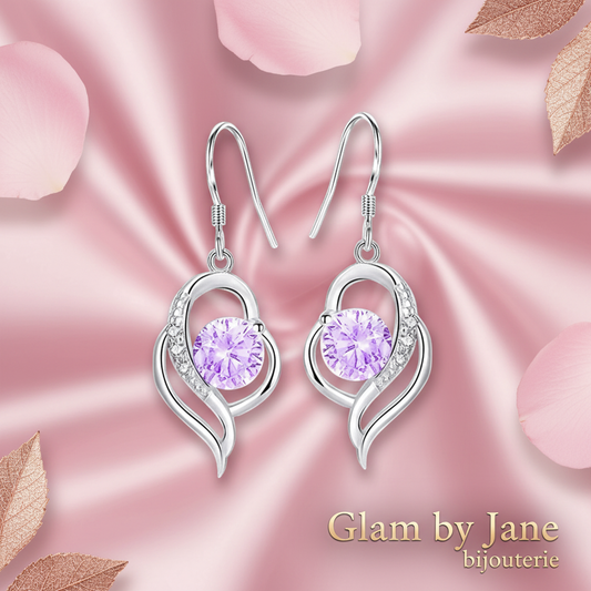 Boucles d'oreilles argent 925 cœur zirconiums sertis oxyde mauve Iris
