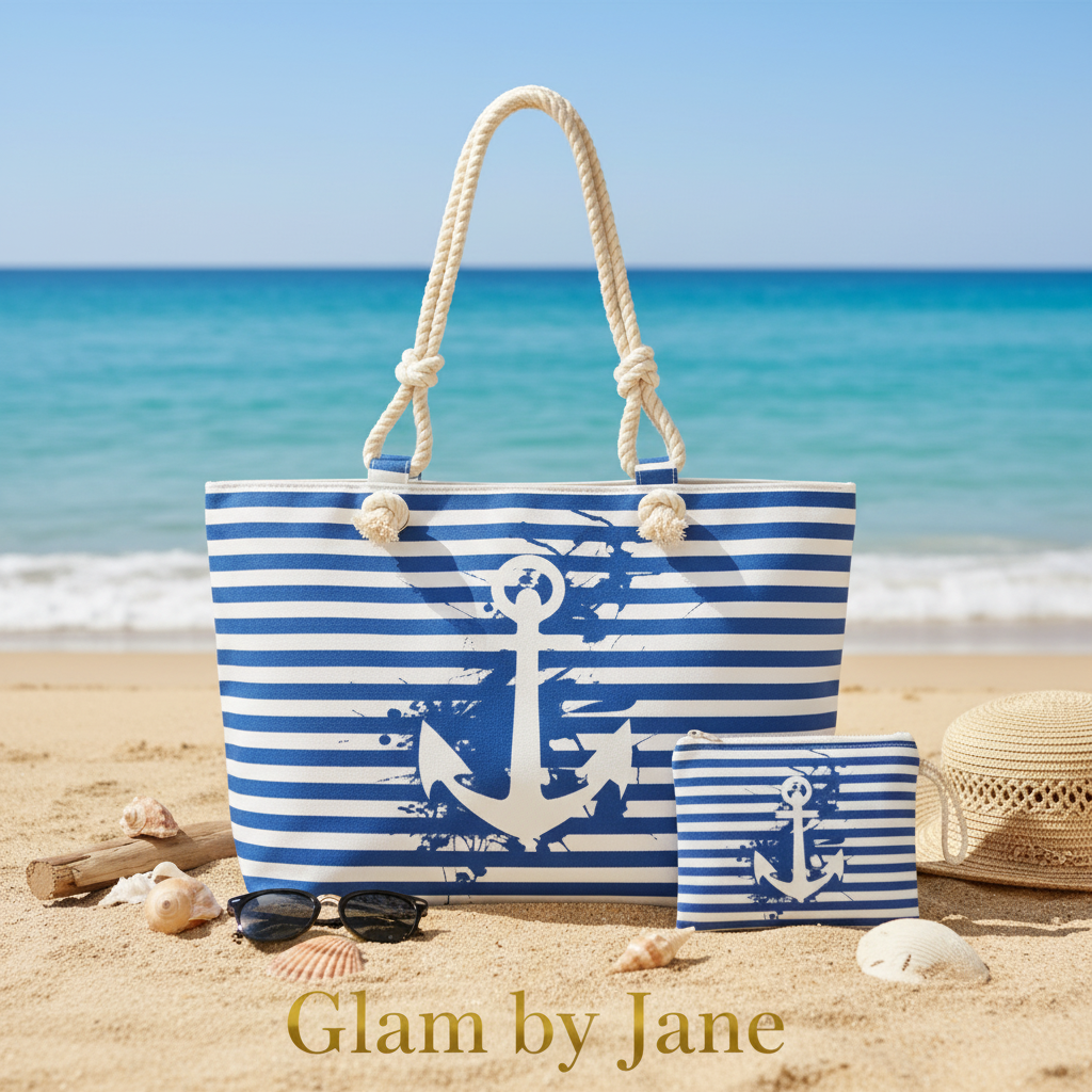 Le Grand Sac de Plage Rayé  & Ancre “Evasion” + Pochette Assortie