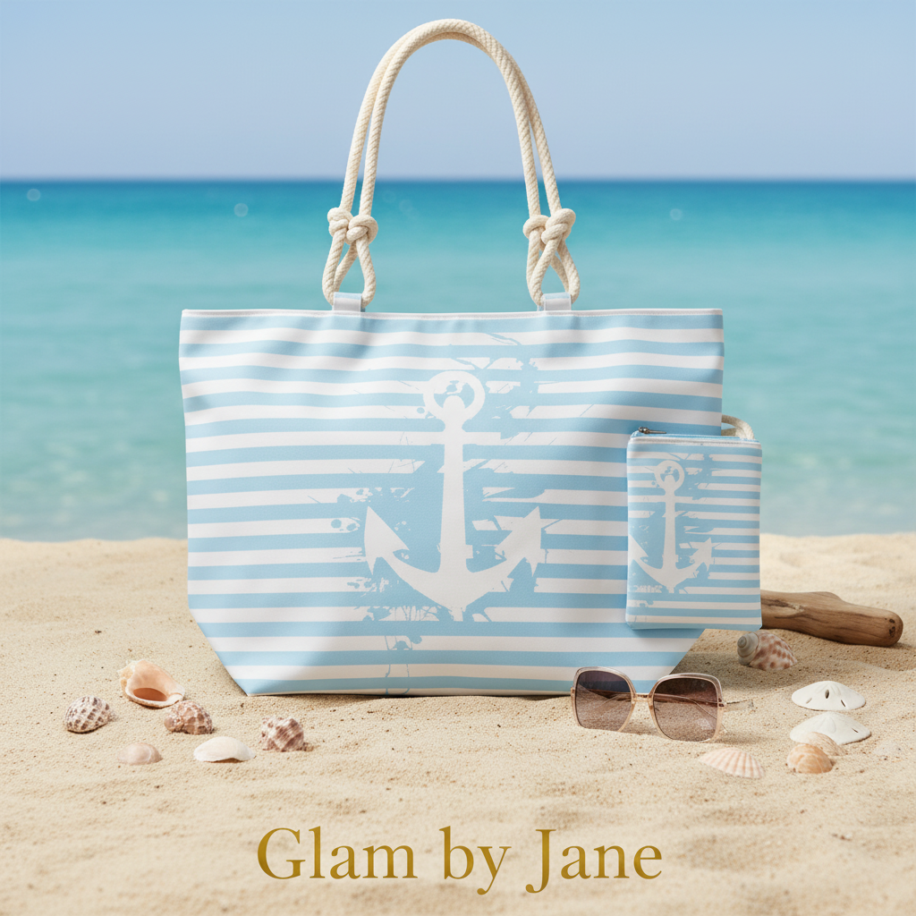Le Grand Sac de Plage Rayé  & Ancre “Evasion” + Pochette Assortie