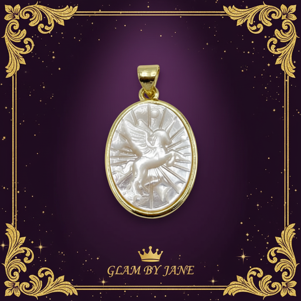 Pendentif licorne Nacre Laiton Ovale