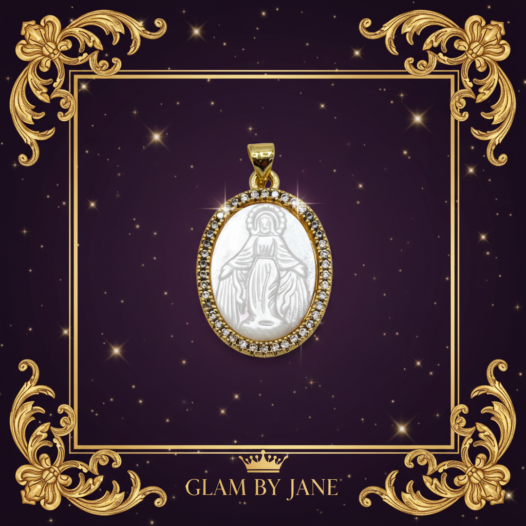 Pendentif Ovale Nacre Laiton Strass Vierge Marie