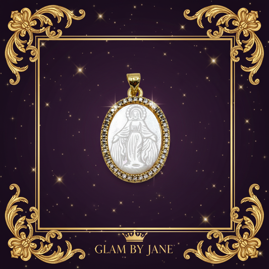 Pendentif Ovale Nacre Laiton Strass Vierge Marie