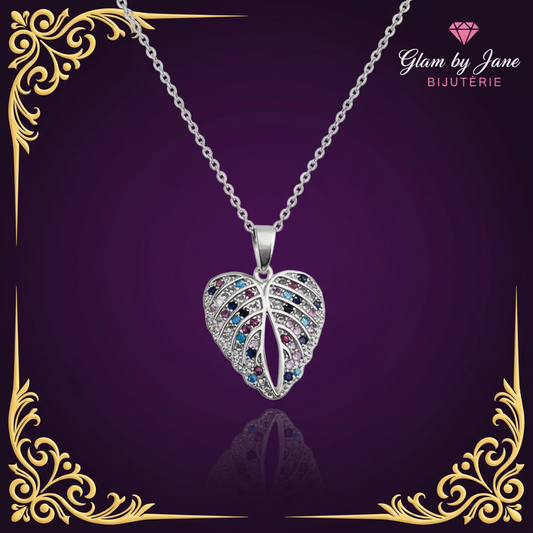 Collier rhodié chaîne et pendentif ailes en forme de cœur orné de zirconiums couleurs