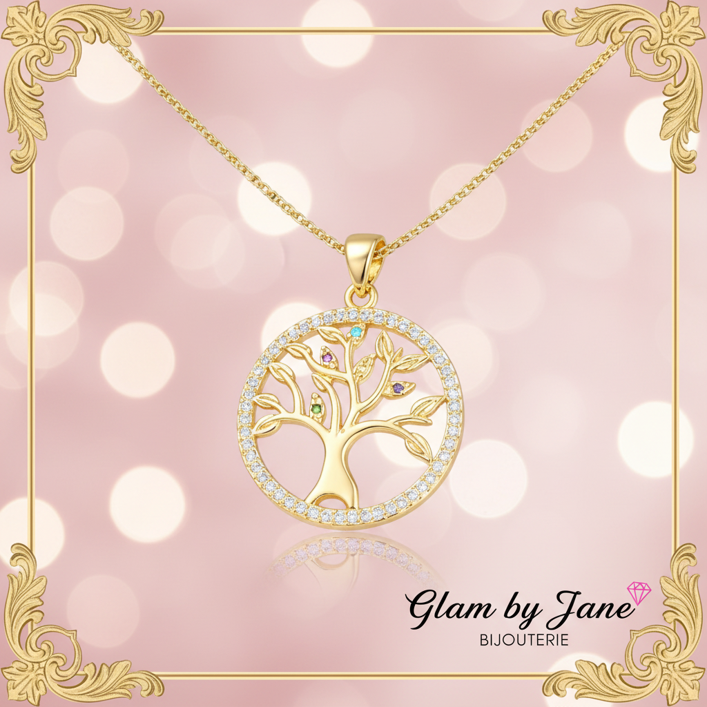 Collier chaine et pendentif zircon cubique couleur arbre de vie