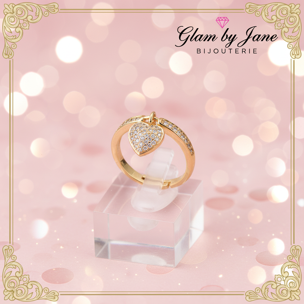 Bague femme réglable breloque cœur ornée de zirconiums sertis