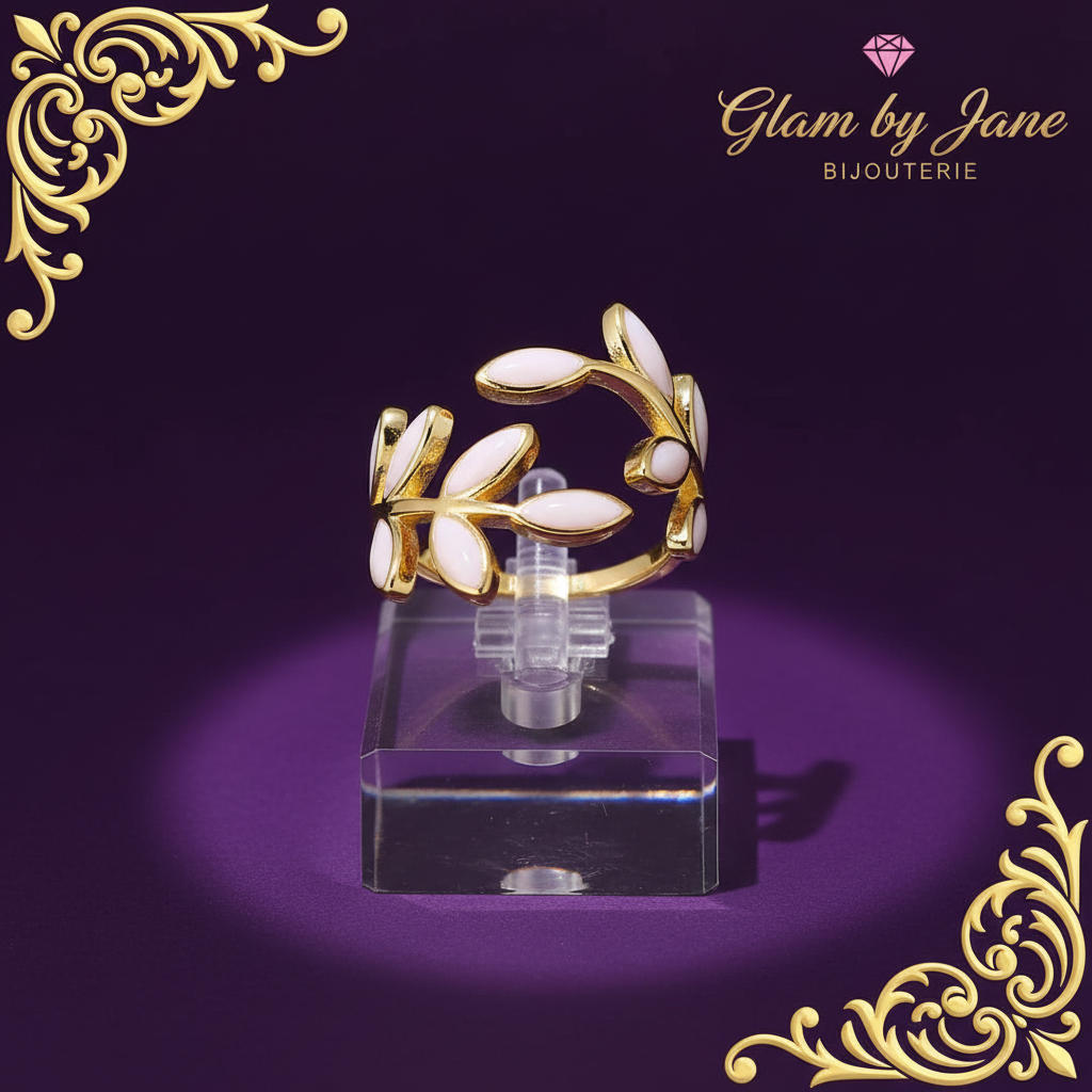 Bague femme réglable pétales de fleur émail en plaqué or