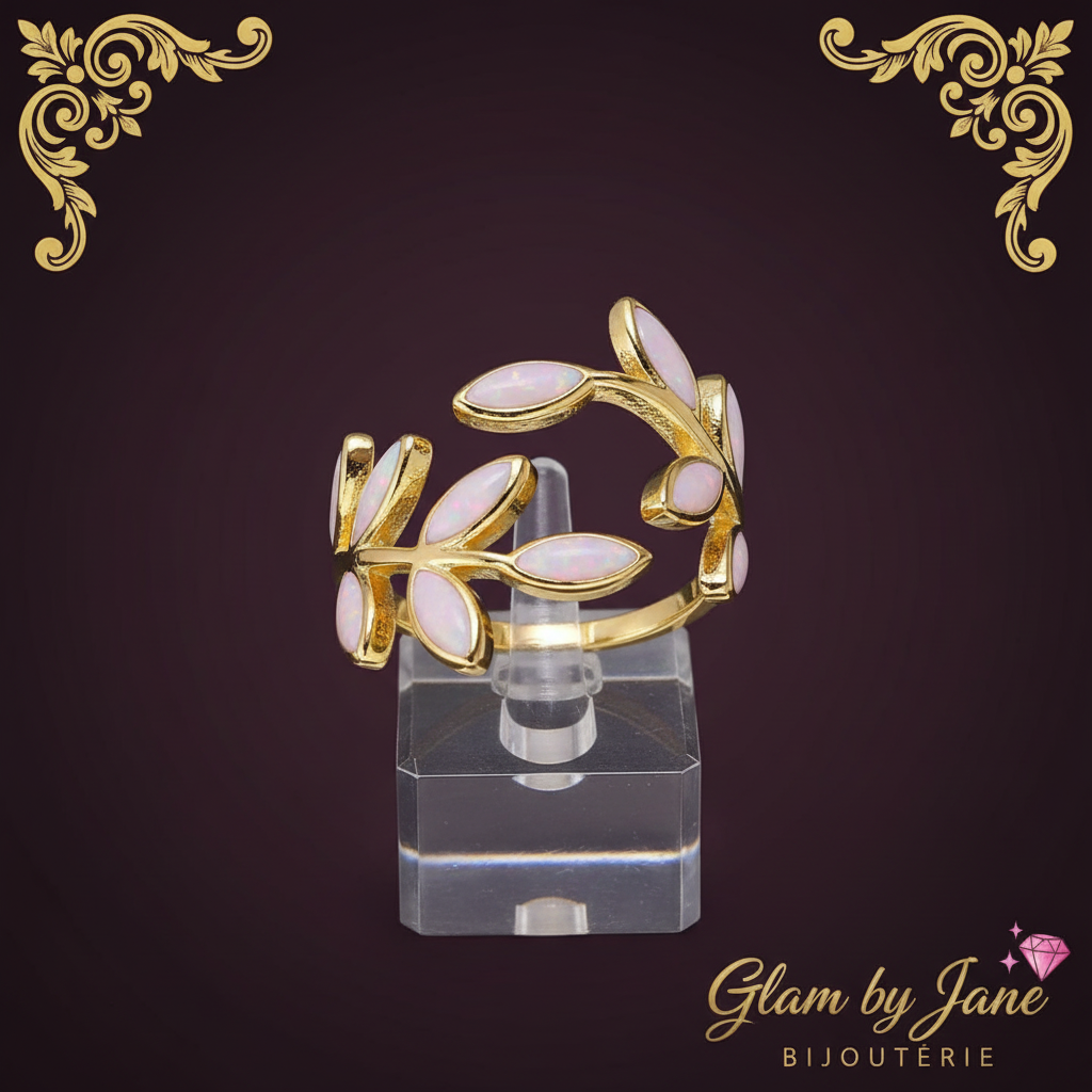 Bague femme réglable pétales de fleur émail en plaqué or