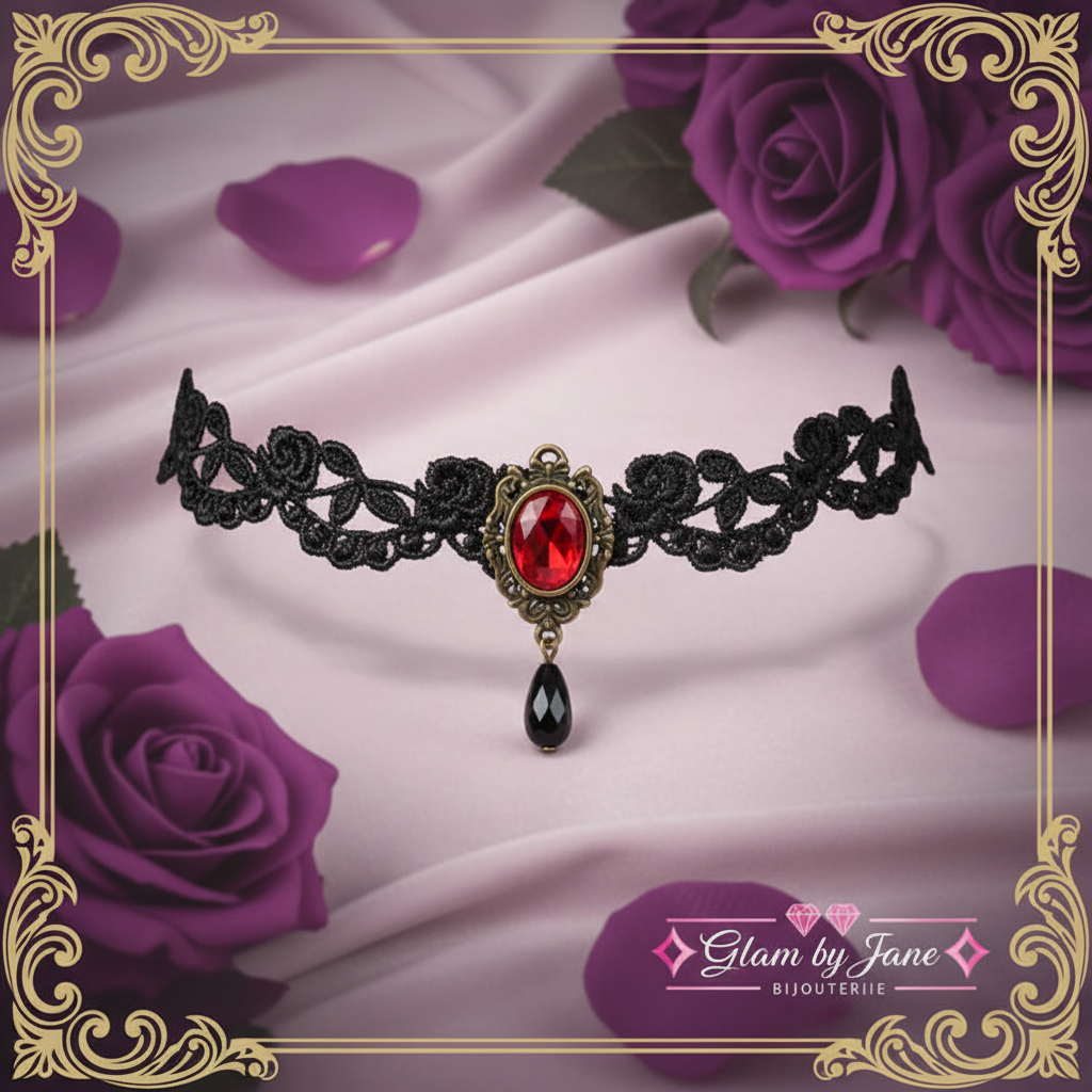 Ras de Cou dentelle et pierre rouge