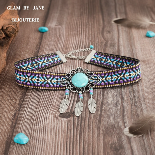 Collier Ras De Cou avec plume style bohème country