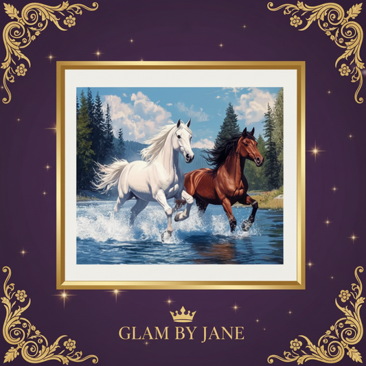 Kit Peinture Diamant 5D – Duo de Chevaux au Galop Art Mosaïque sur Toile