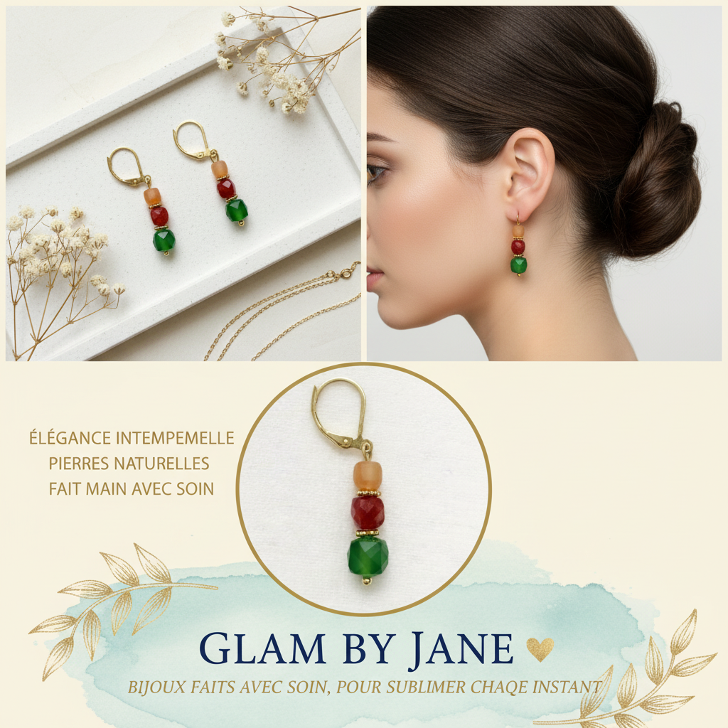 Boucles D'Oreilles Pierre Naturelle Acier Inoxydable Doré