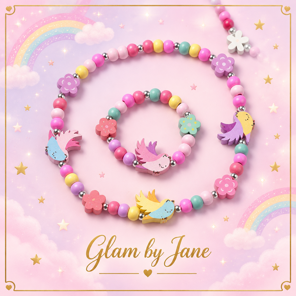 Parure enfant perles de bois licornes multicolores Glam by Jane