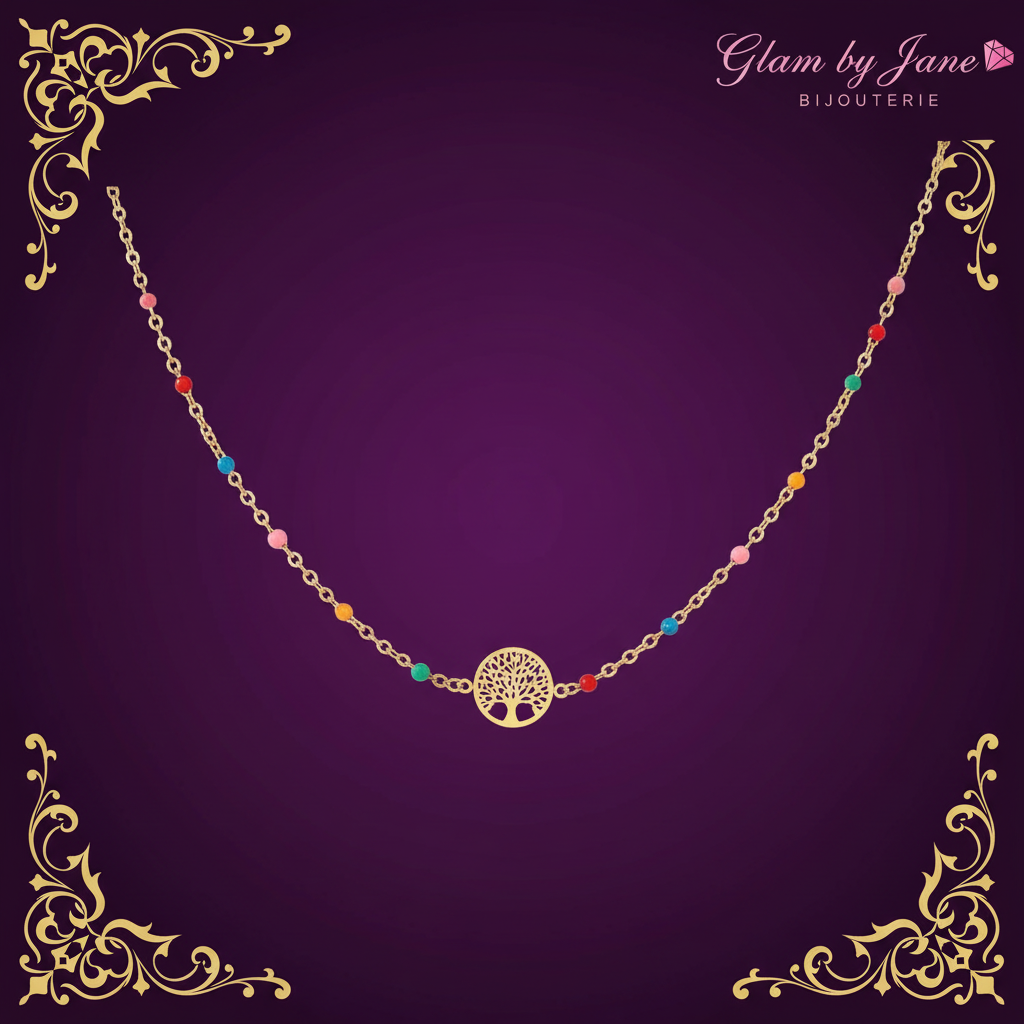 Collier arbre de vie chaîne fine ornée de petites perles multicolores
