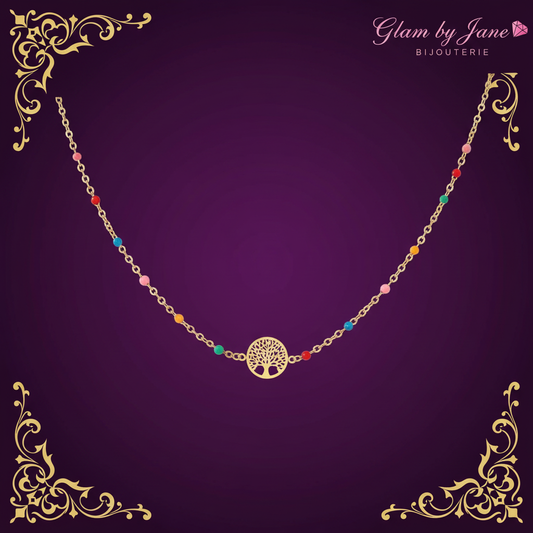 Collier arbre de vie chaîne fine ornée de petites perles multicolores