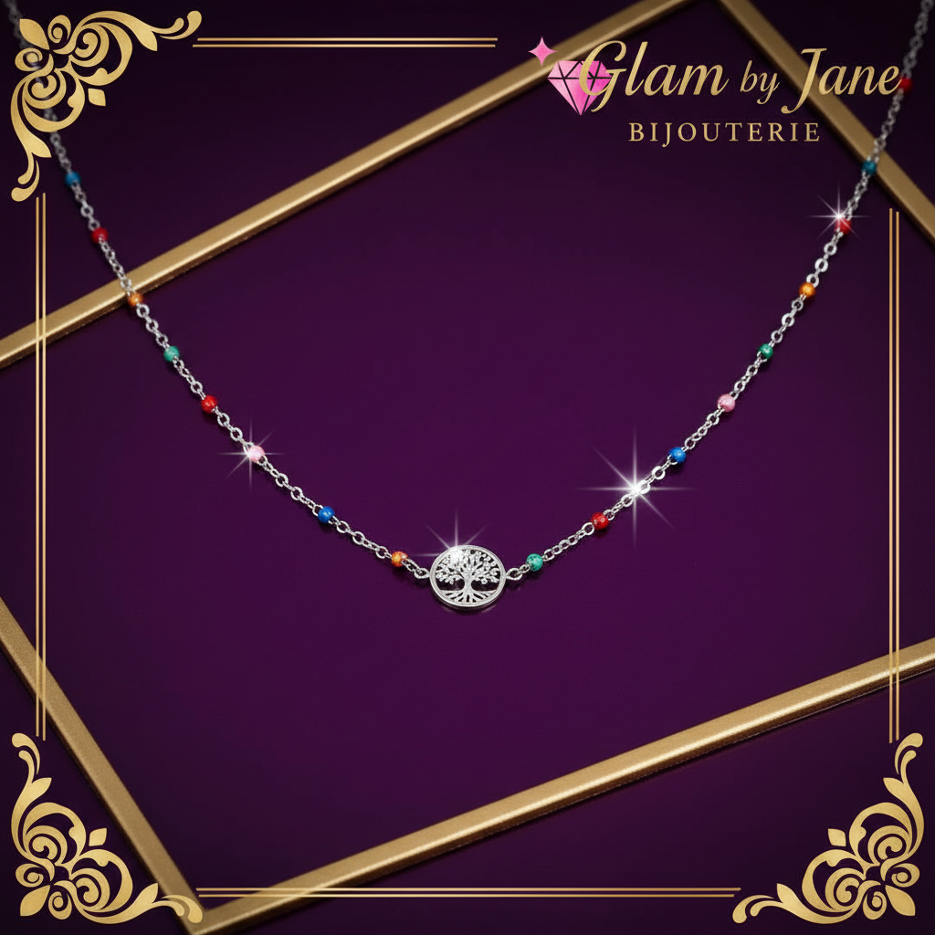 Collier arbre de vie chaîne fine ornée de petites perles multicolores