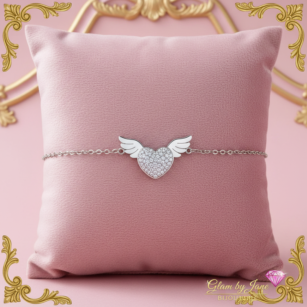 Bracelet coeur aile d'ange en acier inoxydable