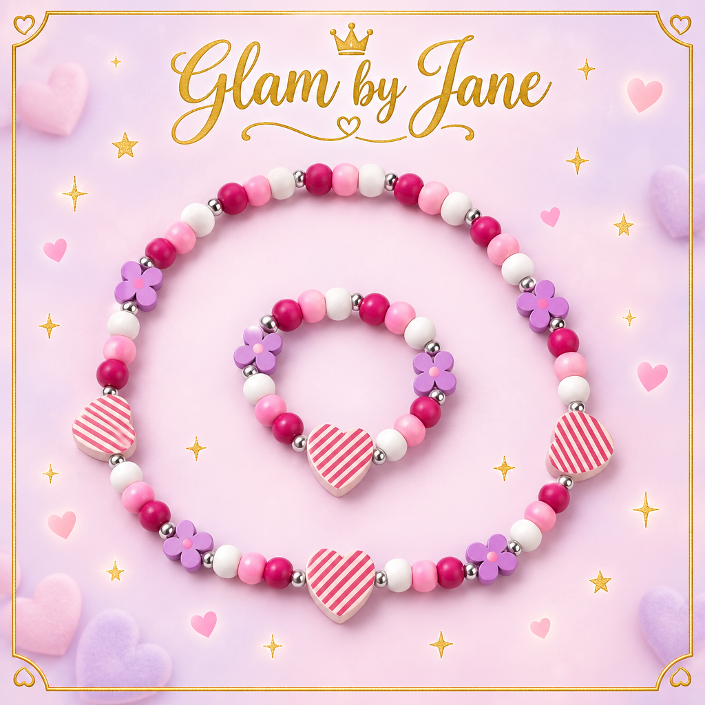 Parure enfant perles de bois cœurs roses Glam by Jane