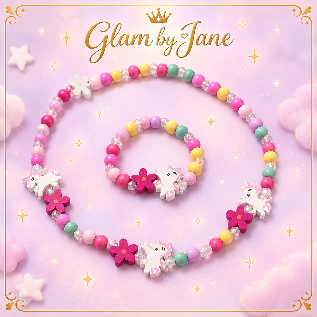Parure enfant perles de bois licornes blanches Glam by Jane