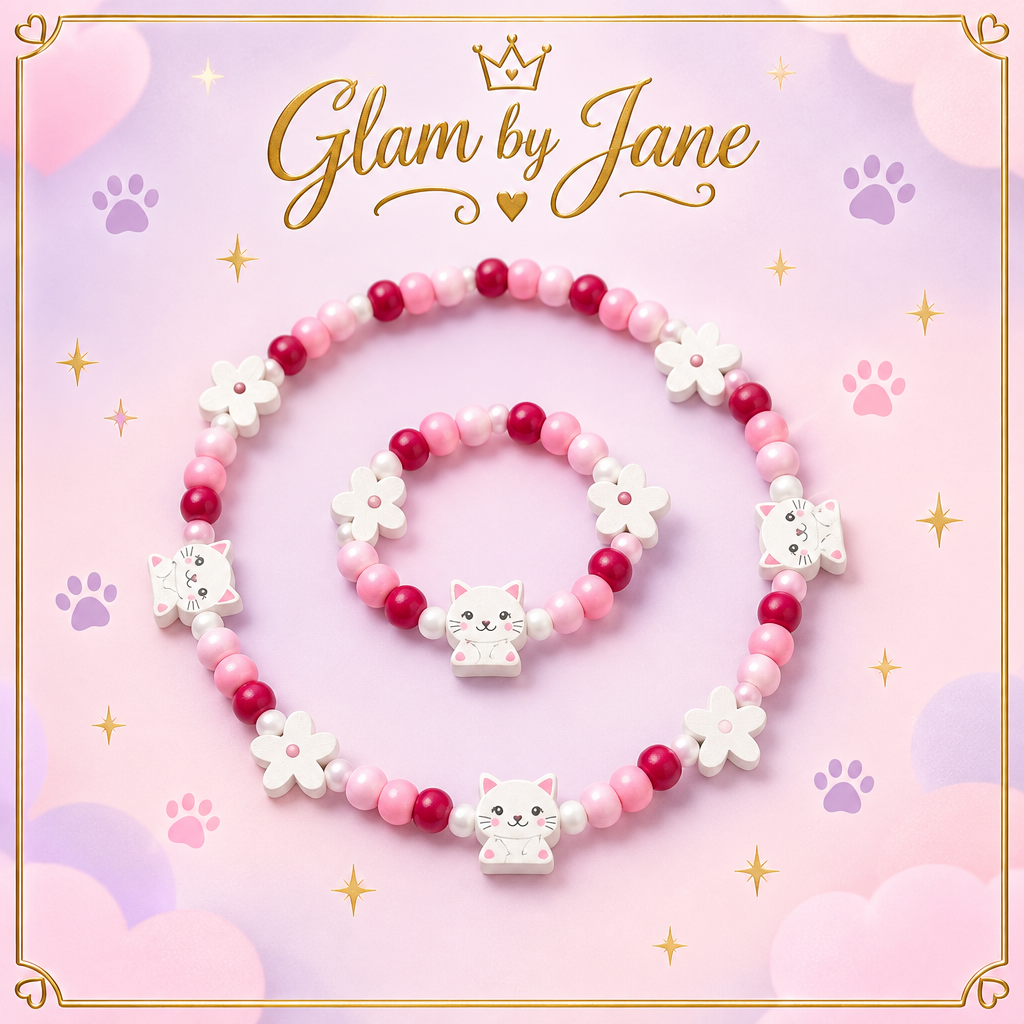 Parure enfant perles de bois chats Glam by Jane