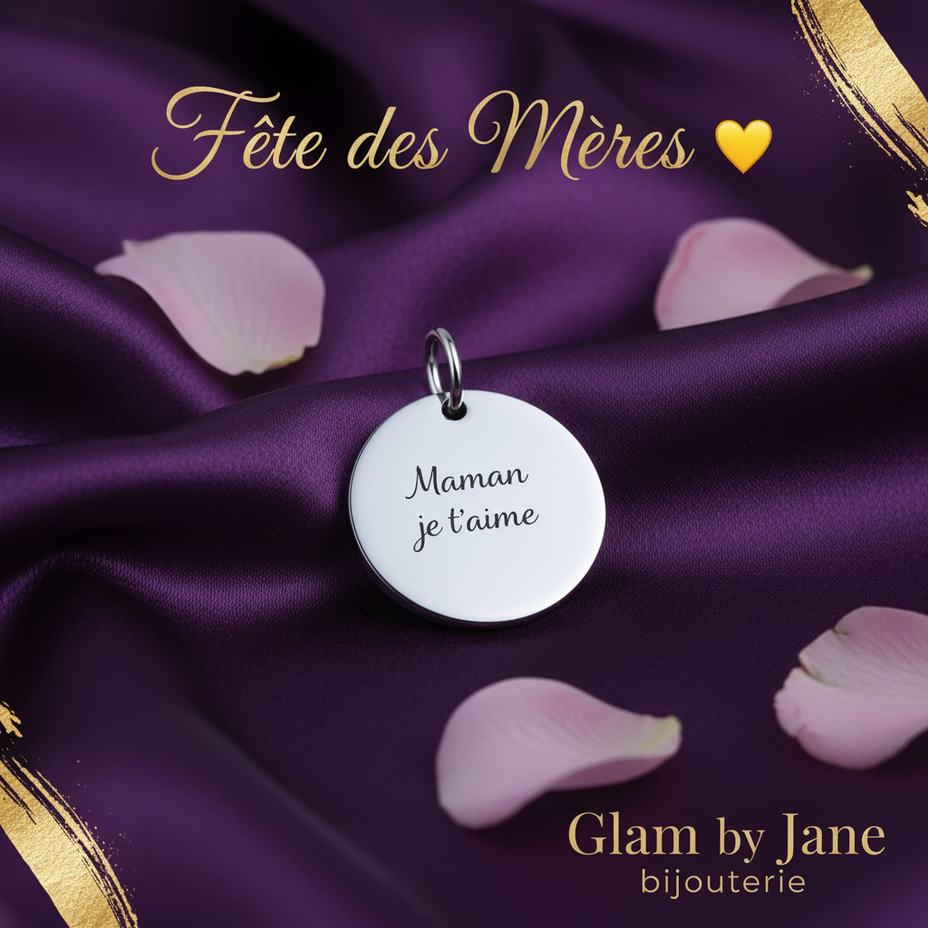 Pendentif acier à personnaliser rond thème Maman je t'aime
