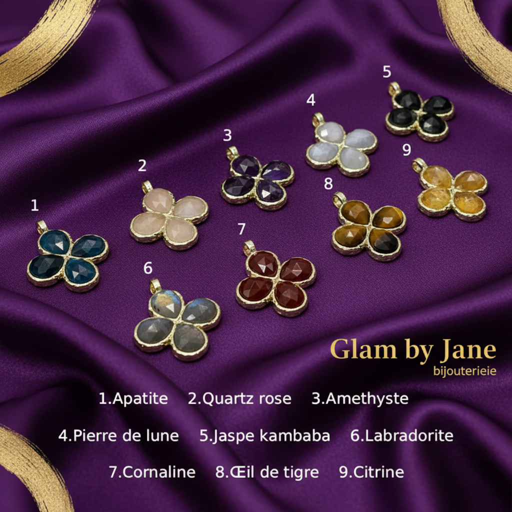 Montage Glam by Jane bijouterie - Collection 9 pendentifs trèfle fond violet