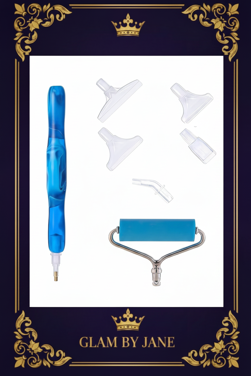Kit Outils Diamond Painting 5D Stylo Ergonomique + 6 Embouts + Rouleau Strass Ronds & Carrés